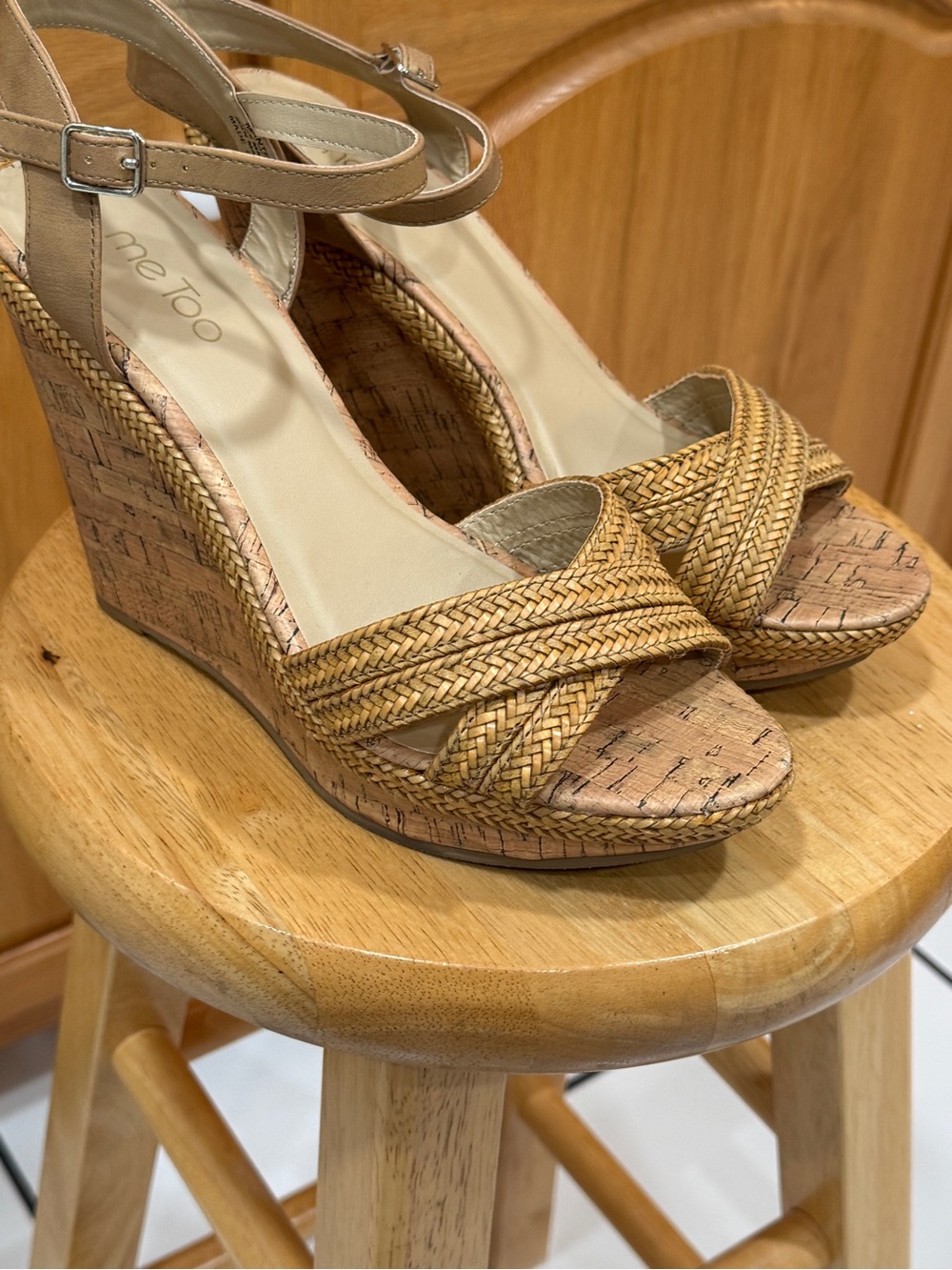 Me Too Size 10 Cork Wedge Sandals Woven Raffia Platform Ankle Strap